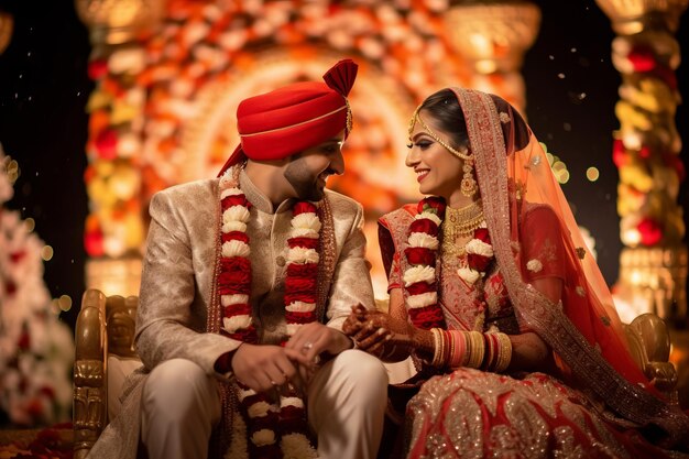 A Wedding couple seeming each other with smiley face at Banquet hall in Patna